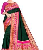 Green pink silk blend banarasi saree with unstitched blouse piece
