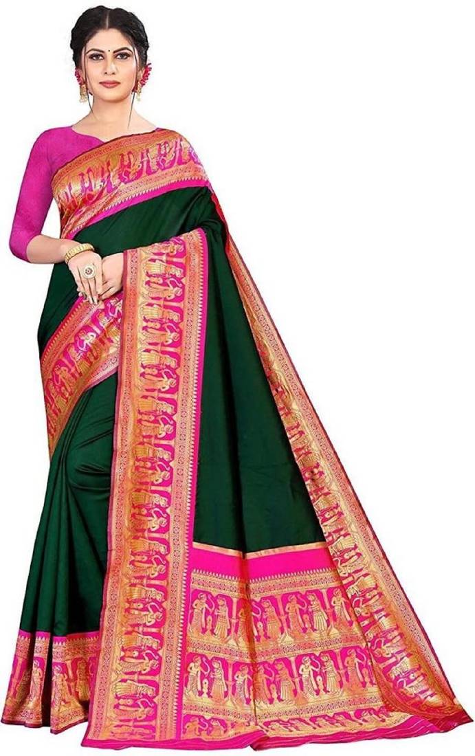 Green pink soft silk blend banarasi jacuard work designer party wear saree with unstitched blouse piece