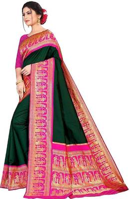 Green pink silk blend banarasi saree with unstitched blouse piece 2