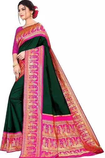 Green pink silk blend banarasi saree with unstitched blouse piece