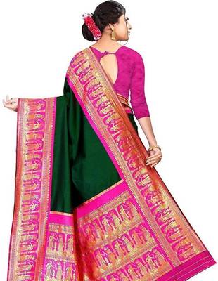Green pink silk blend banarasi saree with unstitched blouse piece 3