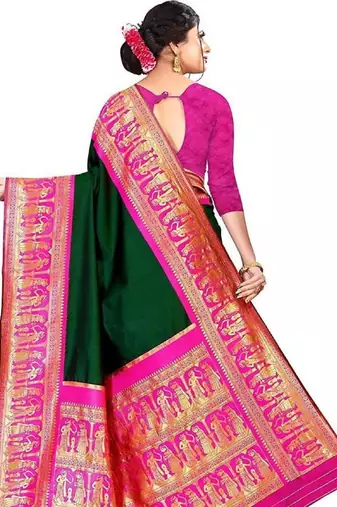 Green pink silk blend banarasi saree with unstitched blouse piece