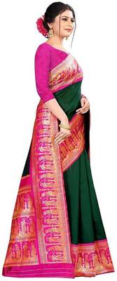 Green pink silk blend banarasi saree with unstitched blouse piece 4