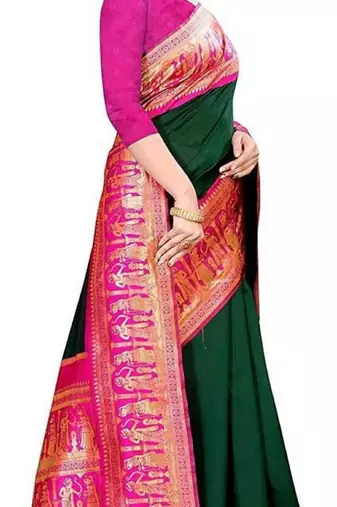 Green pink silk blend banarasi saree with unstitched blouse piece