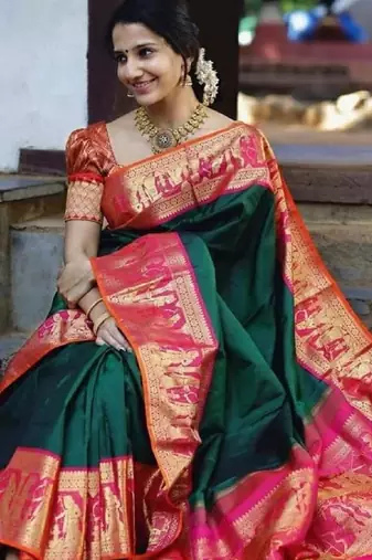 Green pink soft silk blend banarasi jacuard work designer party wear saree with unstitched blouse piece