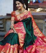 Green pink silk blend banarasi saree with unstitched blouse piece