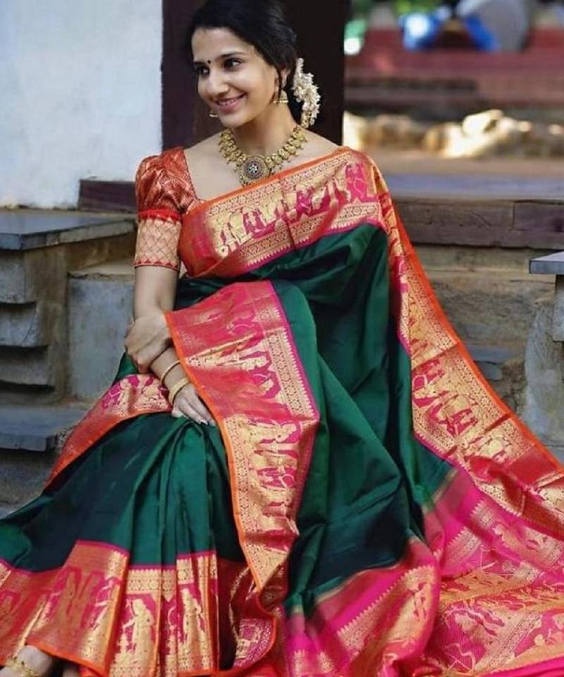 Green pink soft silk blend banarasi jacuard work designer party wear saree with unstitched blouse piece