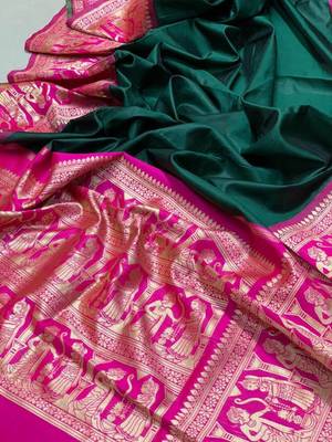 Green pink silk blend banarasi saree with unstitched blouse piece 3