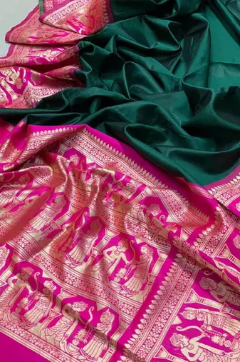 Green pink silk blend banarasi saree with unstitched blouse piece