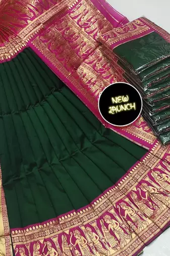 Green pink silk blend banarasi saree with unstitched blouse piece