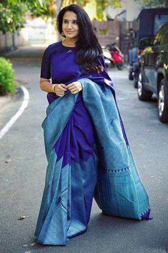 Blue rama soft silk blend banarasi jacuard work designer party wear saree with unstitched blouse piece