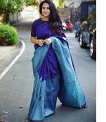 Blue rama silk blend banarasi saree with unstitched blouse piece