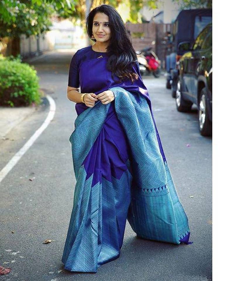 Blue rama soft silk blend banarasi jacuard work designer party wear saree with unstitched blouse piece