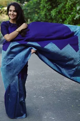 Blue rama silk blend banarasi saree with unstitched blouse piece