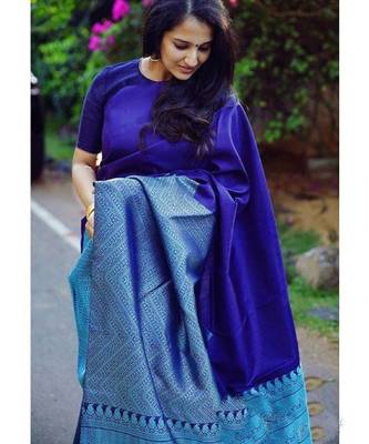 Blue rama silk blend banarasi saree with unstitched blouse piece 3