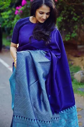 Blue rama silk blend banarasi saree with unstitched blouse piece