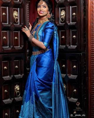 Blue rama silk blend banarasi saree with unstitched blouse piece 1