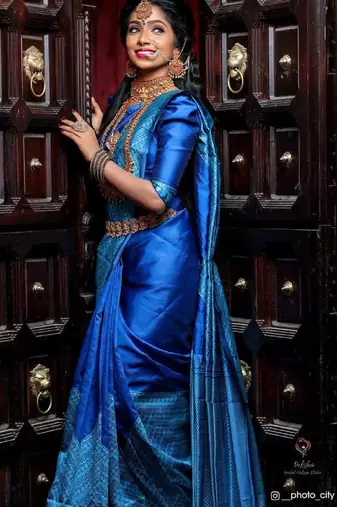 Blue rama soft silk blend banarasi jacuard work designer party wear saree with unstitched blouse piece