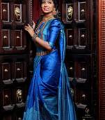Blue rama silk blend banarasi saree with unstitched blouse piece