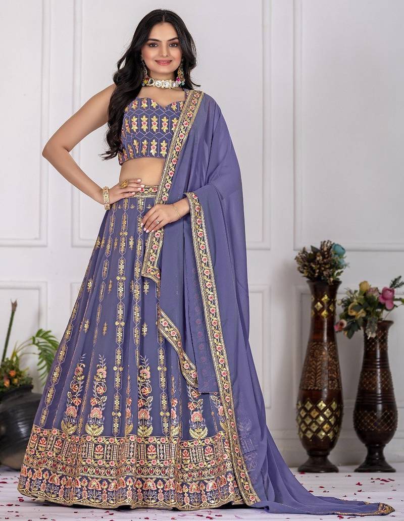Lavender color Embroidery With Multi Thread & Sequence Work  Fox Georgette Lehanga Choli Set