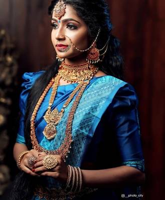 Blue rama silk blend banarasi saree with unstitched blouse piece 3