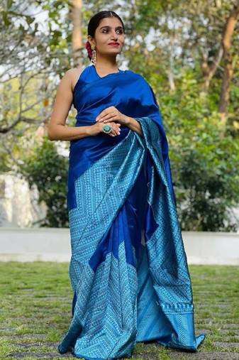 Blue rama soft silk blend banarasi jacuard work designer party wear saree with unstitched blouse piece