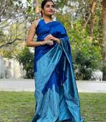 Blue rama silk blend banarasi saree with unstitched blouse piece