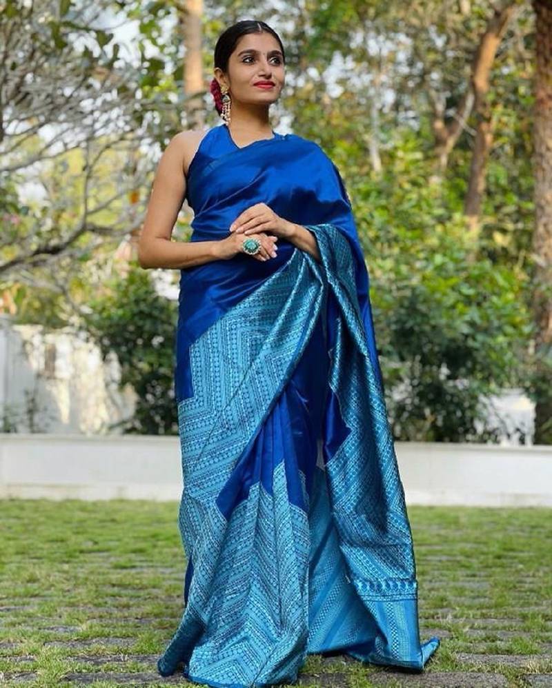 Blue rama soft silk blend banarasi jacuard work designer party wear saree with unstitched blouse piece