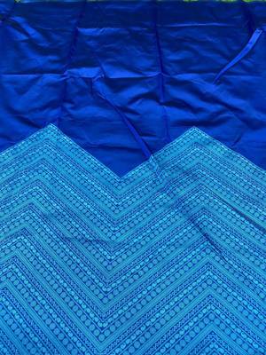 Blue rama silk blend banarasi saree with unstitched blouse piece 4