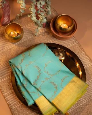 Rama silk blend banarasi saree with unstitched blouse piece 1