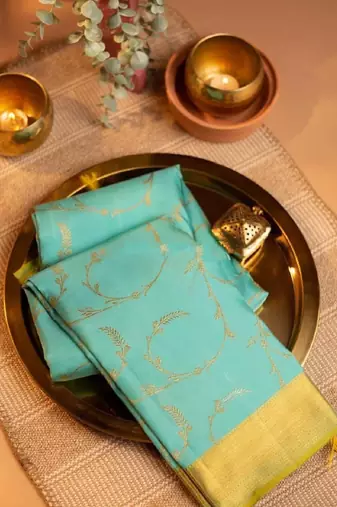 Rama silk blend banarasi saree with unstitched blouse piece