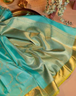 Rama silk blend banarasi saree with unstitched blouse piece 4