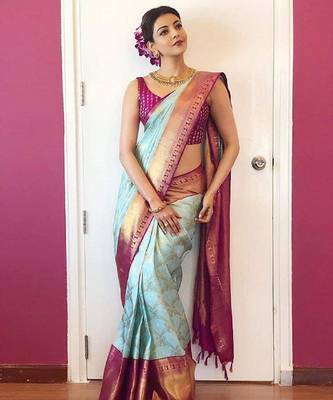 Sky blue wine silk blend banarasi saree with unstitched blouse piece 1