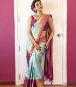 Sky blue wine silk blend banarasi saree with unstitched blouse piece