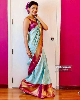 Sky blue wine silk blend banarasi saree with unstitched blouse piece 2
