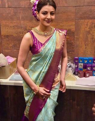 Sky blue wine silk blend banarasi saree with unstitched blouse piece 3