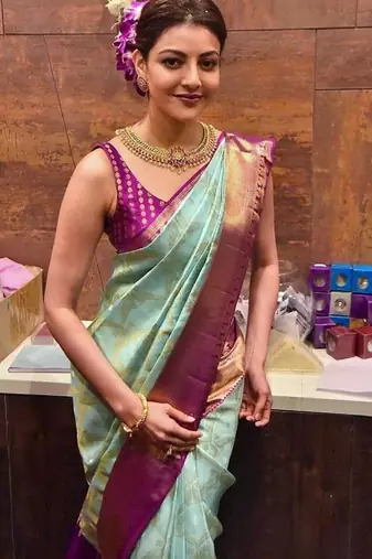 Sky blue wine silk blend banarasi saree with unstitched blouse piece