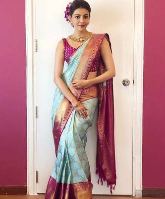 Sky blue wine silk blend banarasi saree with unstitched blouse piece 4
