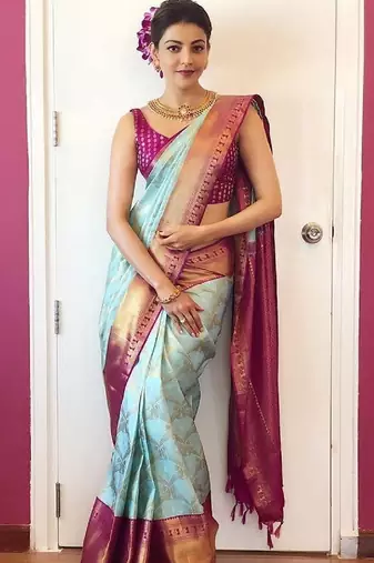 Sky blue wine silk blend banarasi saree with unstitched blouse piece