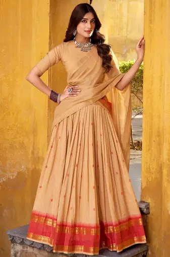 Rich Cream Zari Work Chanderi Festive Wear Half Saree Lehenga