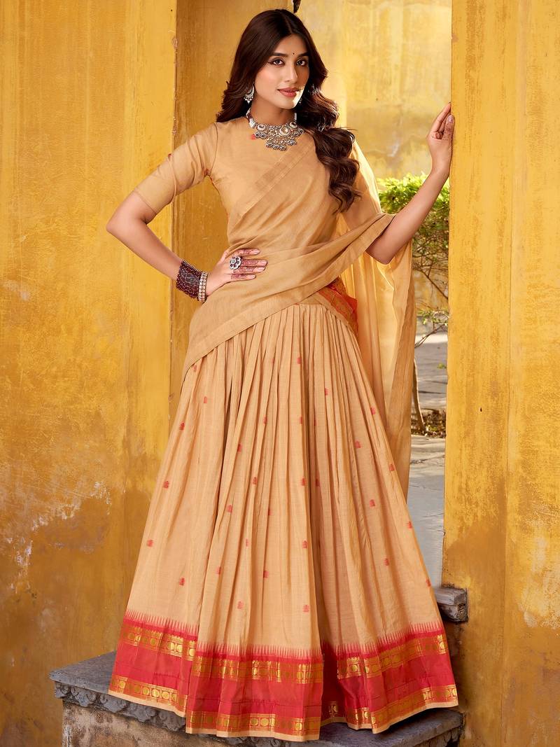 Rich Cream Zari Work Chanderi Festive Wear Half Saree Lehenga