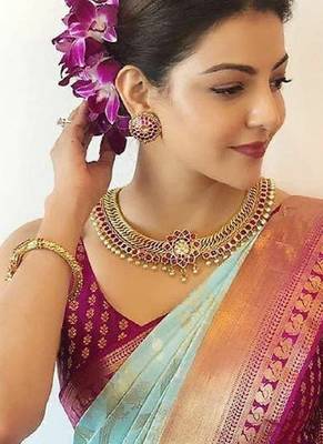 Sky blue wine silk blend banarasi saree with unstitched blouse piece 5