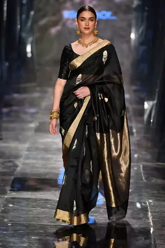 Black soft silk blend banarasi jacuard work designer party wear saree with unstitched blouse piece