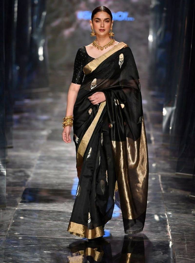 Black soft silk blend banarasi jacuard work designer party wear saree with unstitched blouse piece