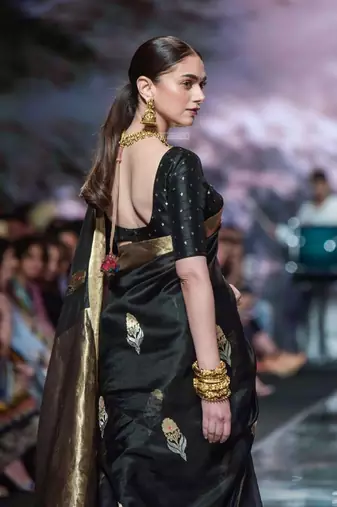 Black silk blend banarasi saree with unstitched blouse piece