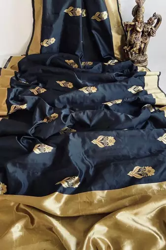 Black silk blend banarasi saree with unstitched blouse piece