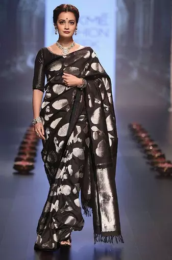 Black soft silk blend banarasi jacuard work designer party wear saree with unstitched blouse piece