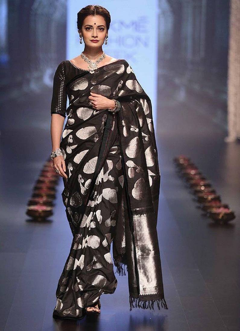 Black soft silk blend banarasi jacuard work designer party wear saree with unstitched blouse piece