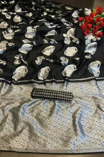 Black silk blend banarasi saree with unstitched blouse piece