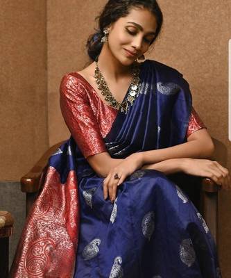 Blue red silk blend banarasi saree with unstitched blouse piece 1